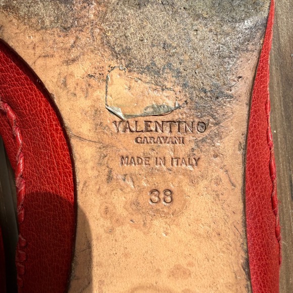 Valentino Garavani Red Pebbled Leather Peep Toe Rosette Ballet Flats Size 38 - Picture 8 of 10